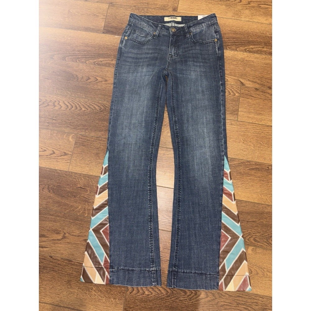 Women's Flare Jeans with Multicolor Chevron Design - Picture 4 of 16